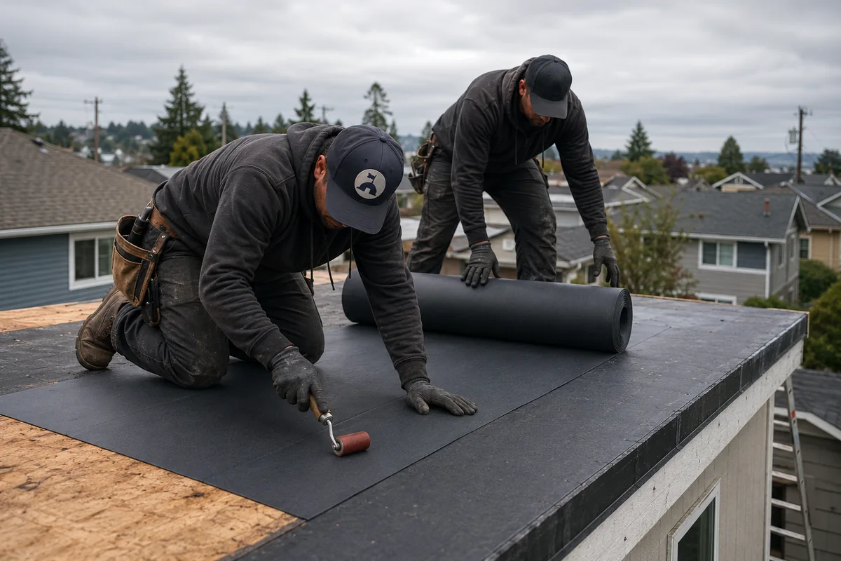 Flat Roof Replacement underway on a property in Tacoma, WA