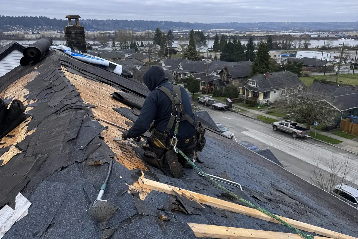 Roofing crew working on a property in Puyallup, WA