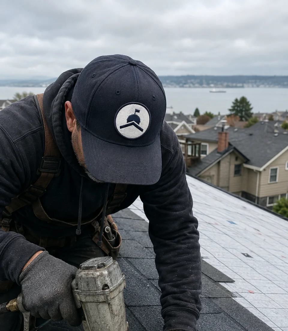 Roofing crew installing architectural asphalt shingles on a residential home in Tacoma, Washington