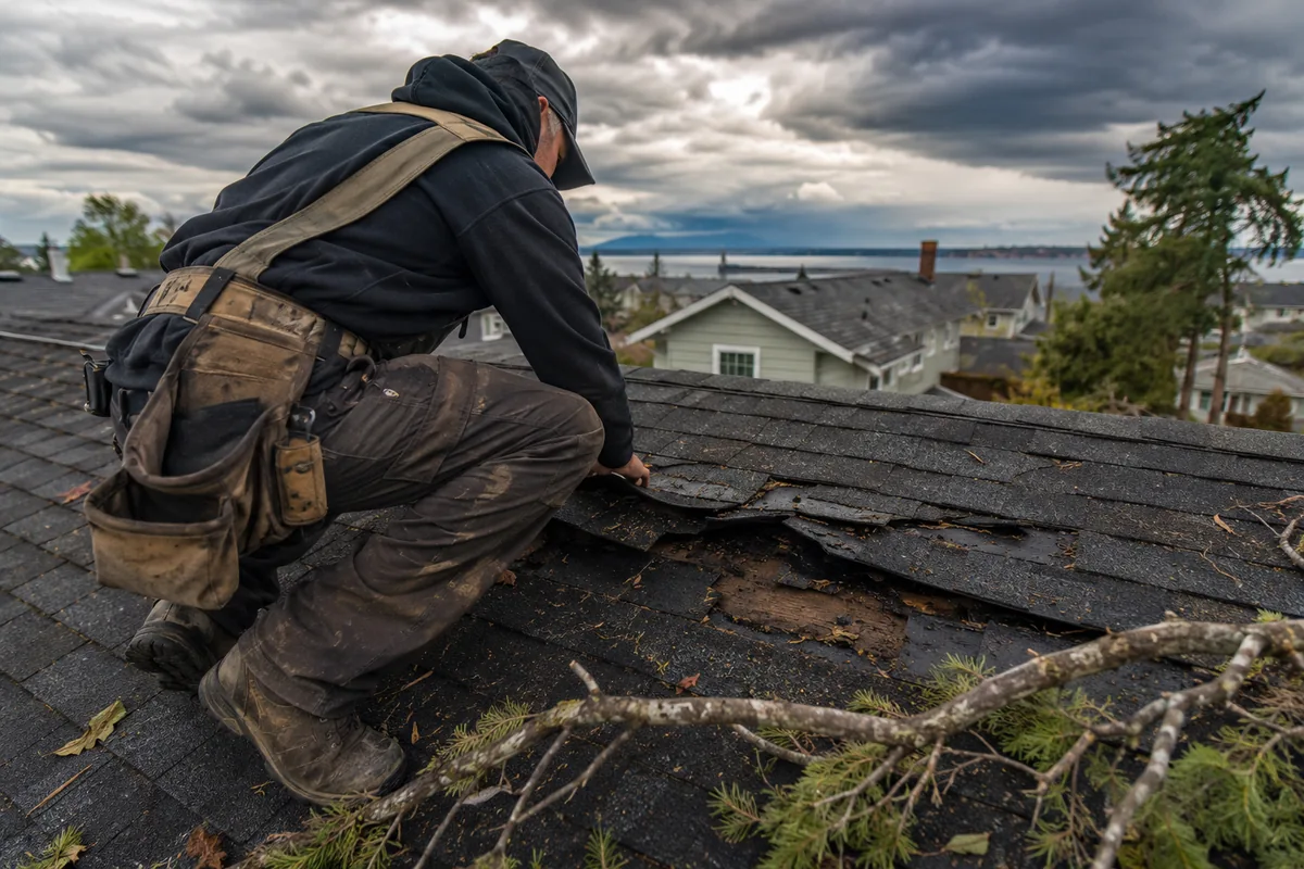 Storm & Wind Damage Roof Repair underway on a property in Tacoma, WA