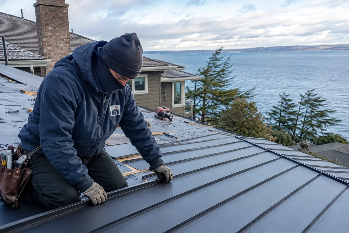 Roofing crew working on a property in University Place, WA