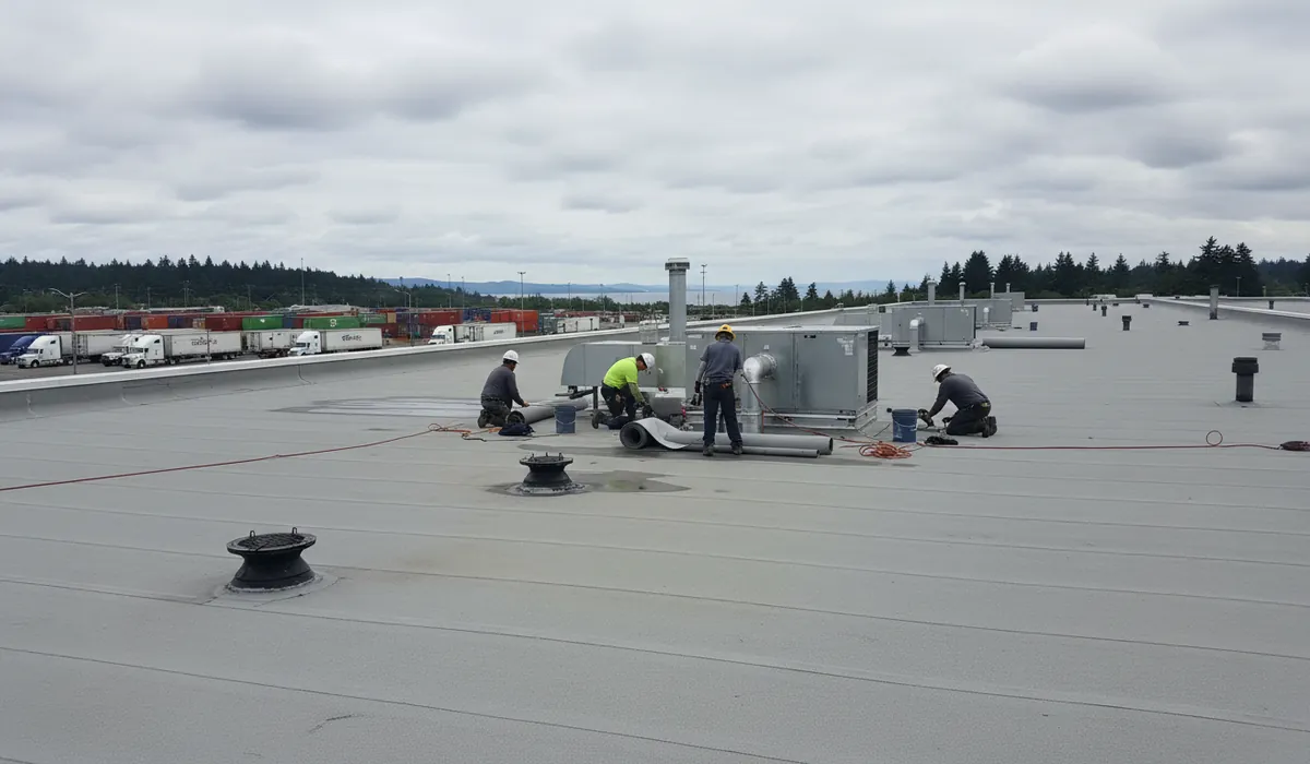 Roofing crew working on a property in Fife, WA