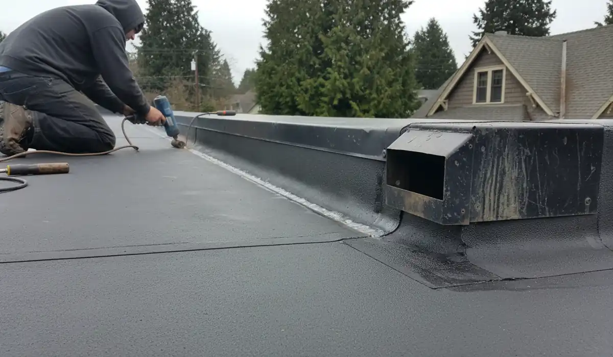 Flat Roof Replacement in progress on a property in Tacoma, WA