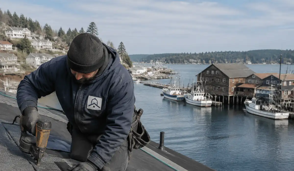 Roofing crew working on a property in Gig Harbor, WA