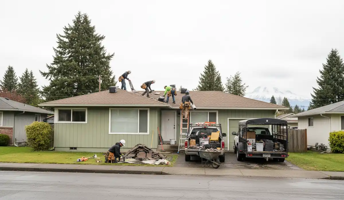 Roofing crew working on a property in Lakewood, WA