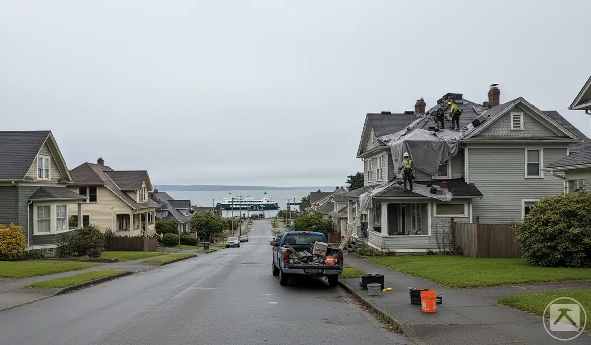 Roofing crew working on a property in Steilacoom, WA
